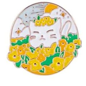 Women's Brooch Enamel Cat with Yellow Flowers